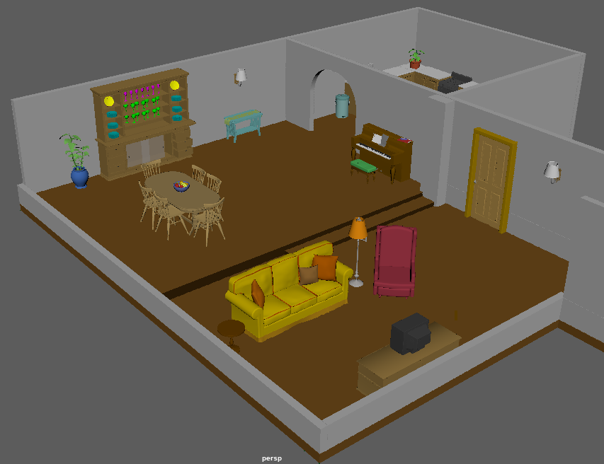 Sophiavideogame's tweet image. For #screenshotsaturday  here is how our living room is coming along for the past version of the house. These are just most of the models on plain textures. There are still lots of details to add but you can get a feel of the space. 
#indiegame #indie #gamedev #indiedev