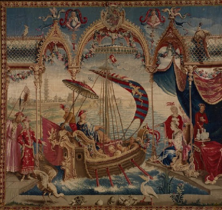 Silk tapestries depicting (left) astronomers from the Jesuit mission to China and (right) Chinese Emperor sailing, from L'Histoire de l'empereur de la Chine Series, woven by the Beauvais Royal Manufactory in France. Late 17th century. A curious example of chinoserie.