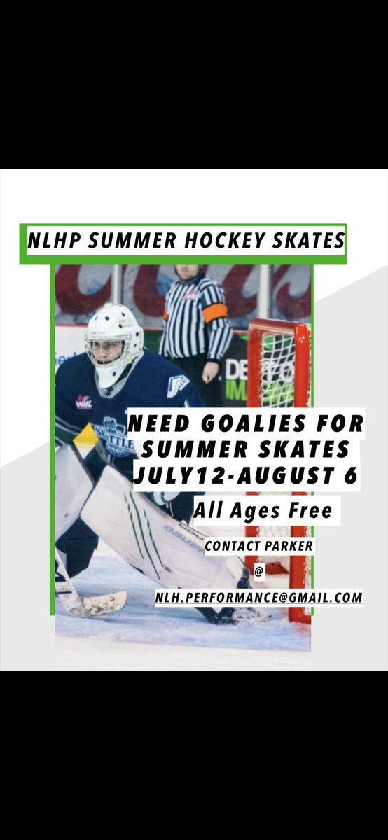 nlh_performance's tweet photo. In need of some goalies for the summer! Come on out and enjoy some free ice! https://t.co/WZKWByDDLn