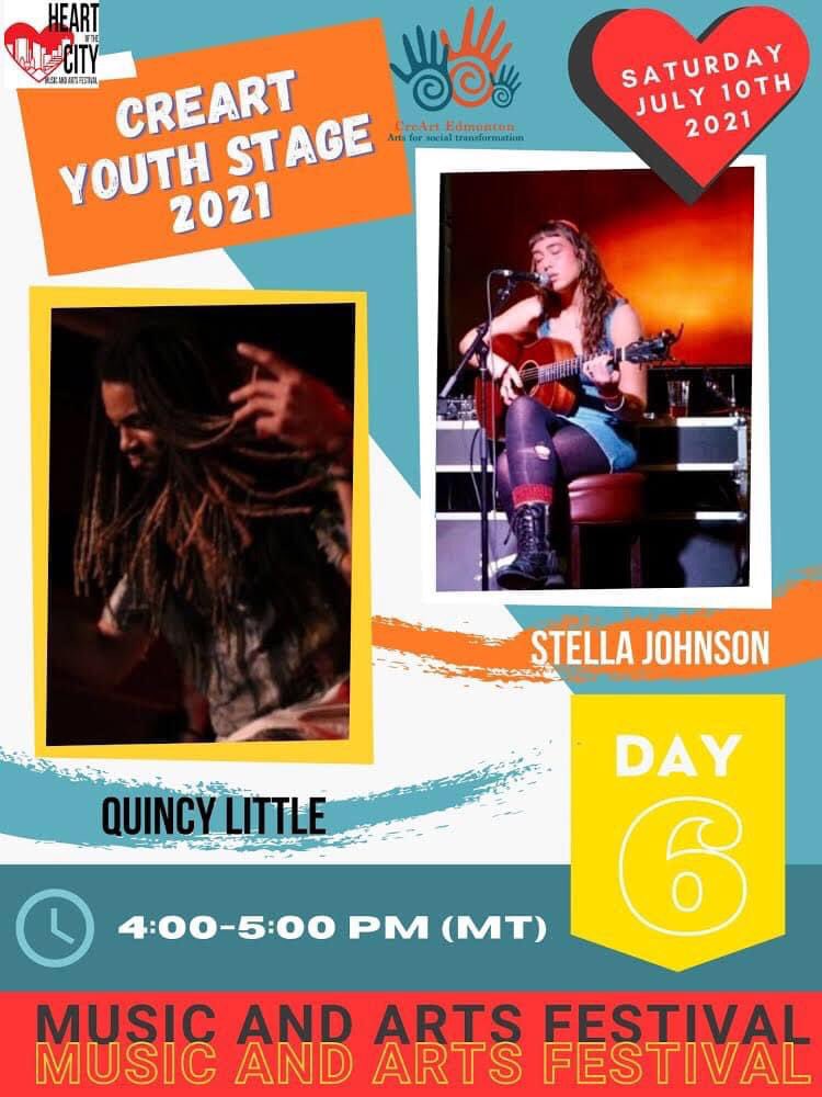 Coming up in less than an hour at 4pm mountain time: day six of the @heartcityfest CreArt Youth Stage! Watch Stella Johnson and Quincy Little perform live on our Facebook page! facebook.com/creart.edmonton #HeartCityFest #CreArt #yegmusic
