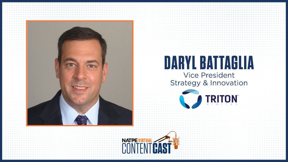NATPE's tweet photo. Don’t forget to join @TritonDigital’s #DarylBattaglia SVP Market Dev/Strategy, at our FREE virtual conference, #ContentCast on 7/14. He'll discuss monetizing #content that migrates to/from #TV &amp; #podcasting. Register NOW - https://t.co/OQMYQDQYLj #NATPE #NATPEVirtual https://t.co/YBbUrLBXD5