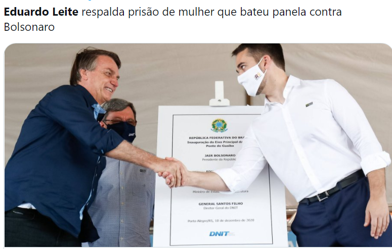 ElioG_Rocha's tweet photo. Eduardo Leite sai em defesa da prisão da mulher que batia panelas em ato contra o genocida, pelos milícos Bolsonaristas. E nós podíamos esperar o que dele?

O Eduardo Leite            👇 https://t.co/nG5L6acwJy
