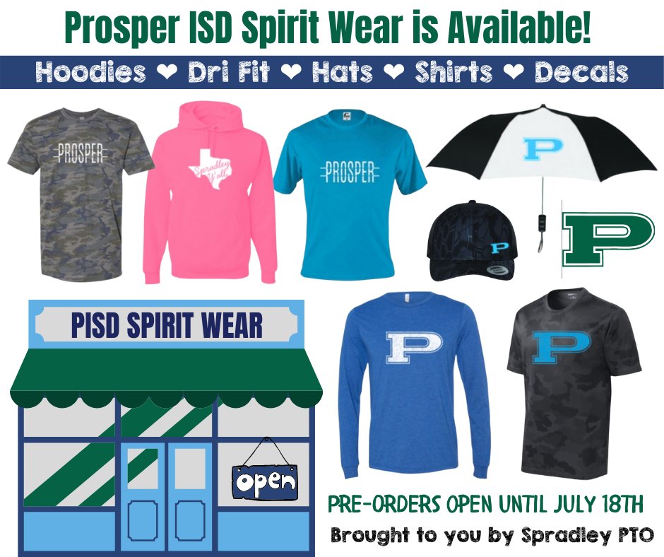 SpradleyPTO's tweet photo. Prepare to show your Prosper Pride by pre-ordering your spirit wear! 👕 The Spradley PTO is excited to announce that everything from Dri-Fit to baseball hats are ready for you! 🧢   

🏫 Orders will be ready before school starts! 

Find it all here: https://t.co/2fxGrhJexc https://t.co/ac6CE2rd0e