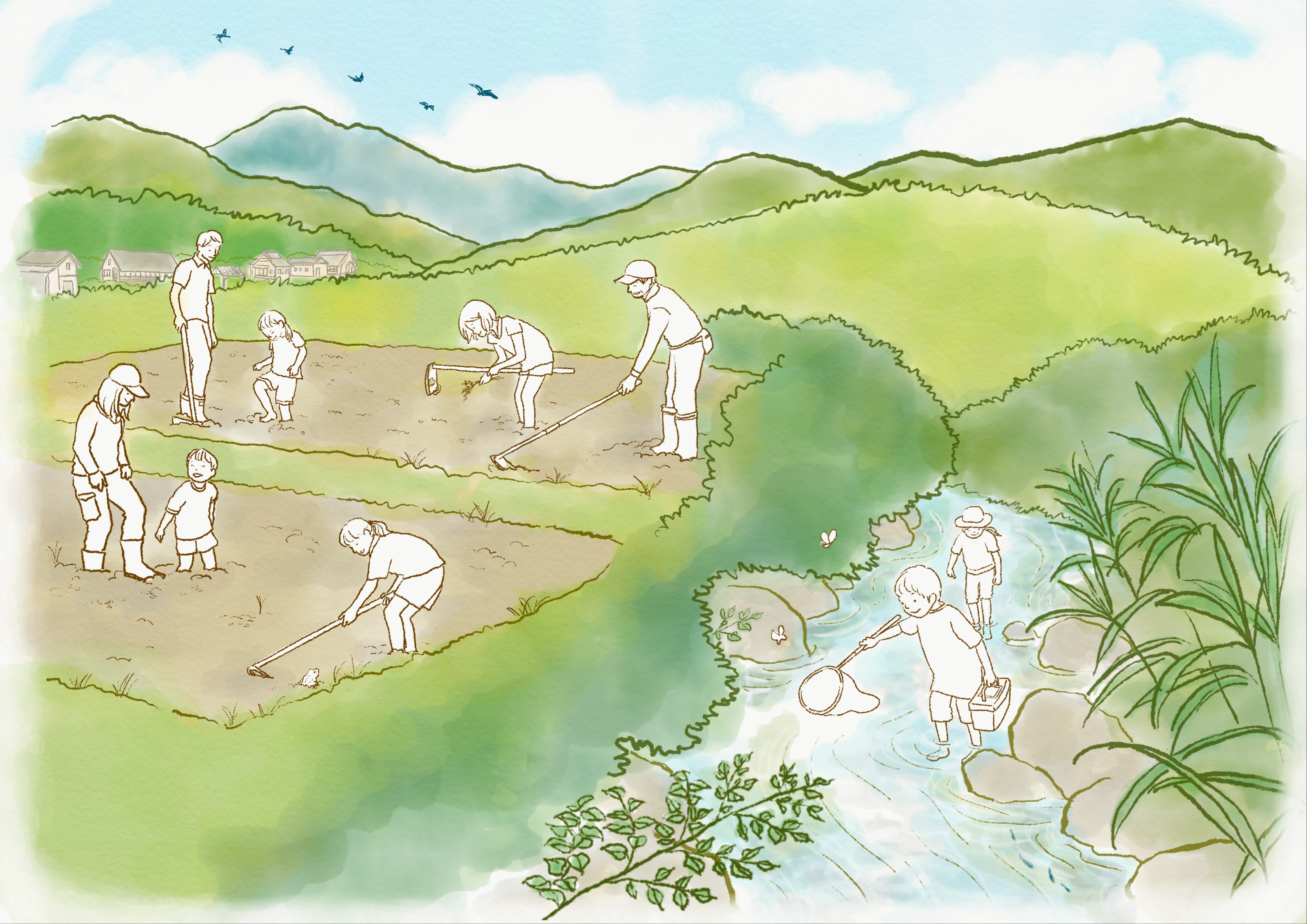 森 果の子 イラスト日記 里山お散歩 里山の自然の中で畑作業や川遊びを楽しむ親子のイラストを描きました 描いていて優しい気持ちになりました 絵本 絵本作家 イラスト依頼 イラスト依頼募集中 手描きイラスト 里山 散歩 畑作業 親子