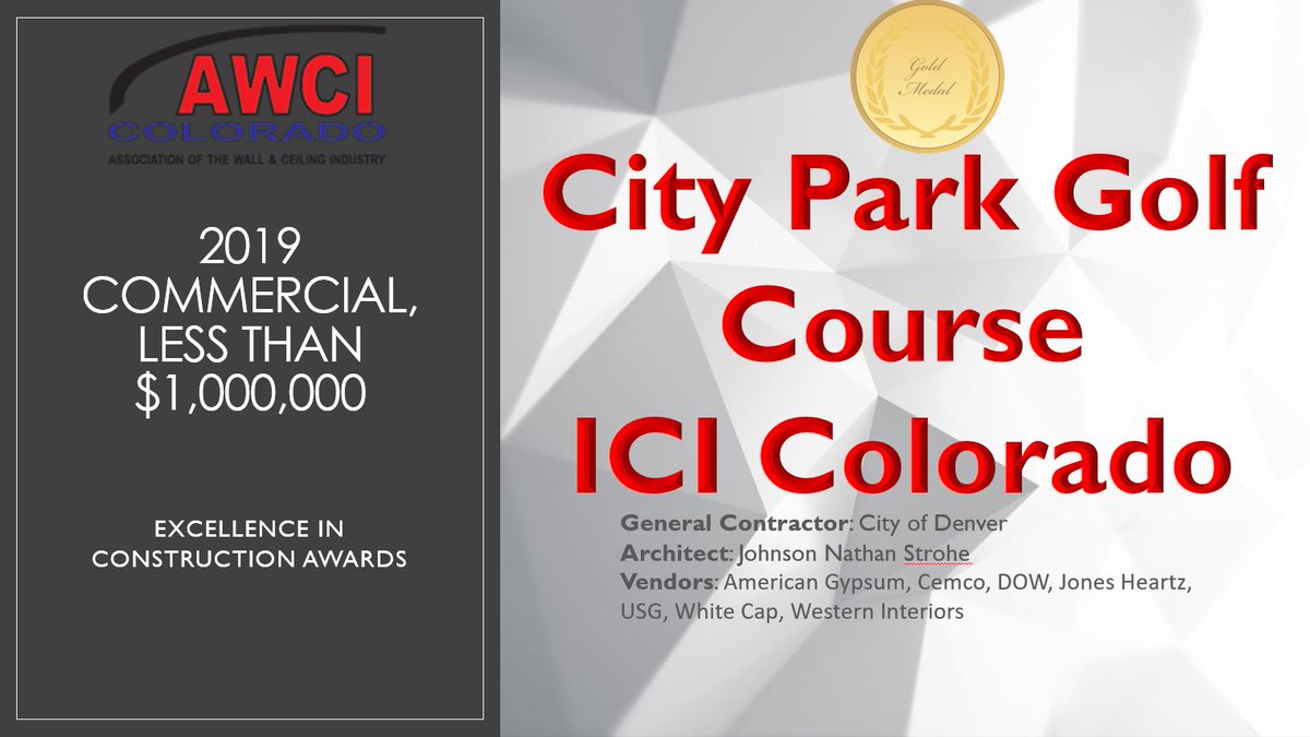 AWCIColorado's tweet photo. Here is the last of our 2019 award winners! Distributer of the year and commercial less than and greater than $1MIL. Congrats to Frontier Drywall, ICI LLC, &amp; South Valley Drywall #awci #awcicolorado #wallsandceilings #drywall #framing #buildingcolorado #buildcolorado https://t.co/O2WBBSlW3y