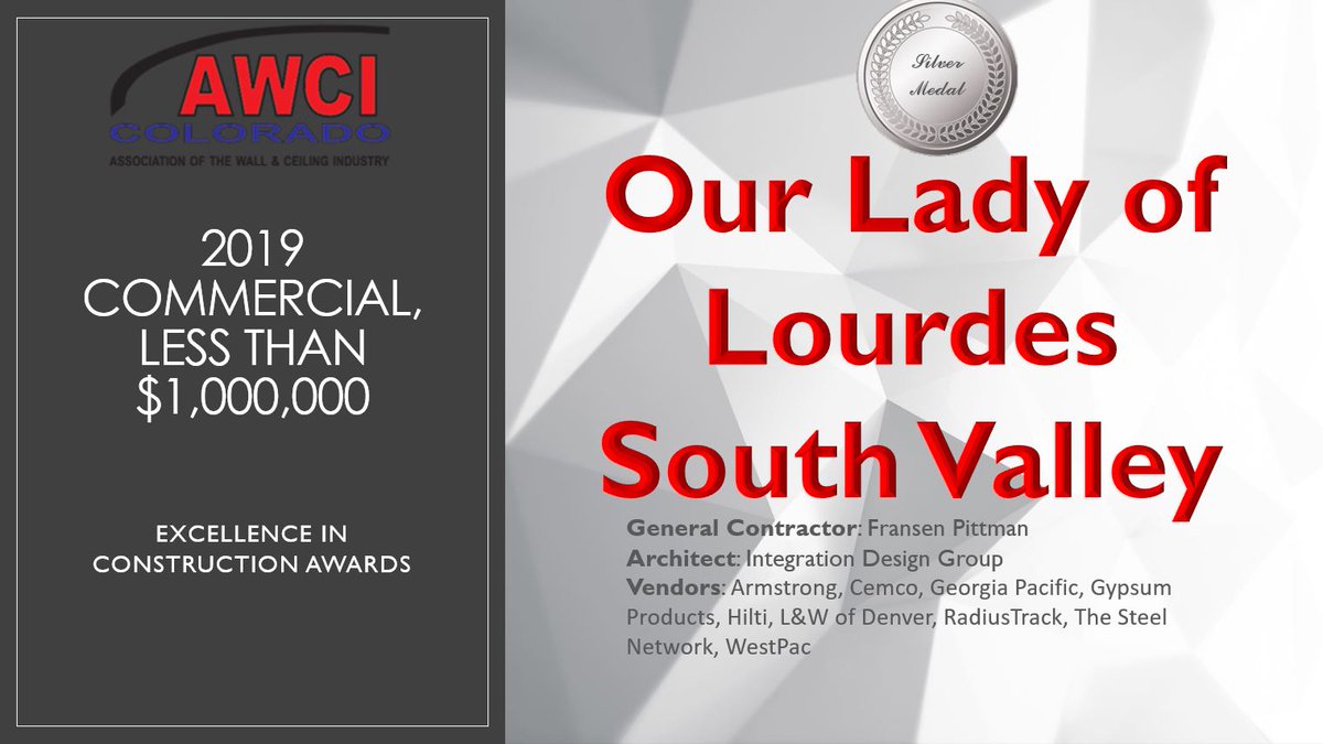 AWCIColorado's tweet photo. Here is the last of our 2019 award winners! Distributer of the year and commercial less than and greater than $1MIL. Congrats to Frontier Drywall, ICI LLC, &amp; South Valley Drywall #awci #awcicolorado #wallsandceilings #drywall #framing #buildingcolorado #buildcolorado https://t.co/O2WBBSlW3y