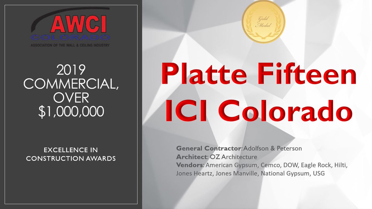 AWCIColorado's tweet photo. Here is the last of our 2019 award winners! Distributer of the year and commercial less than and greater than $1MIL. Congrats to Frontier Drywall, ICI LLC, &amp; South Valley Drywall #awci #awcicolorado #wallsandceilings #drywall #framing #buildingcolorado #buildcolorado https://t.co/O2WBBSlW3y