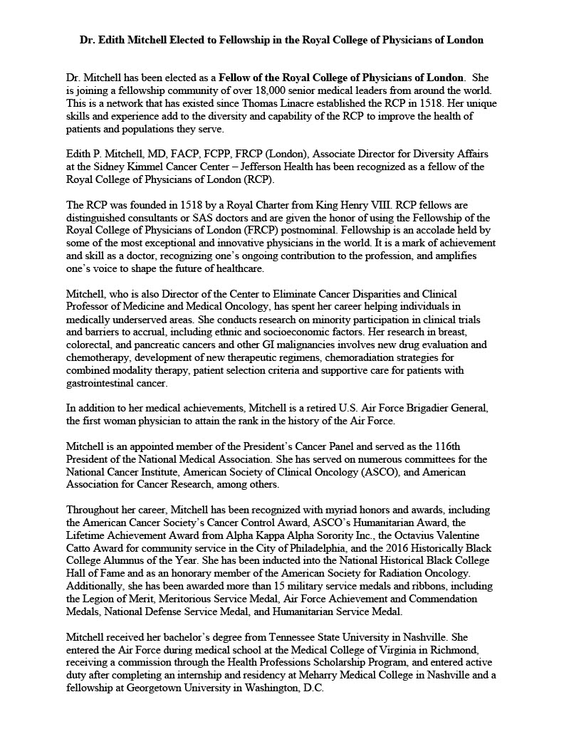 National Medical Association (@nationalmedassn) on Twitter photo Edith P. Mitchell, MD, FACP, FCPP, FRCP, Associate Director for Diversity Affairs at the Sidney Kimmel Cancer Center–Jefferson Health, has been recognized as a fellow of the Royal College of Physicians of London (RCP). Read more below! <a href="/EdithMitchellMD/">Edith Mitchell, M.D.</a> #RCP #fellow #diversity Edith P. Mitchell, MD, FACP, FCPP, FRCP, Associate Director for Diversity Affairs at the Sidney Kimmel Cancer Center–Jefferson Health, has been recognized as a fellow of the Royal College of Physicians of London (RCP). Read more below! <a href="/EdithMitchellMD/">Edith Mitchell, M.D.</a> #RCP #fellow #diversity