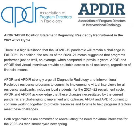 theAPDR's tweet photo. Along with @theAPDIR we strongly urge all Diagnostic Radiology and Interventional Radiology residency programs to commit to implementing virtual interviews for all residency applicants, including local students, for the 2021–22 recruitment cycle. #RadEd https://t.co/JkH69sXzg1
