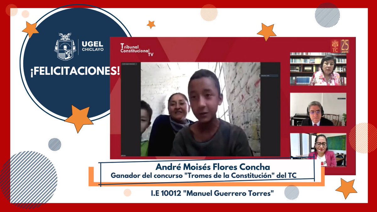 UChiclayo's tweet photo. El @TC_Peru  premió al estudiante André Flores Concha de la I.E. 10012 (Picsi), por ganar el concurso "Tromes de la Constitución".🧑El estudiante explicó en un video la importancia del artículo 48 de la carta magna. UGEL Chiclayo saluda su esfuerzo, el de su madre y su maestra.🤩 https://t.co/utF5UrrsrI