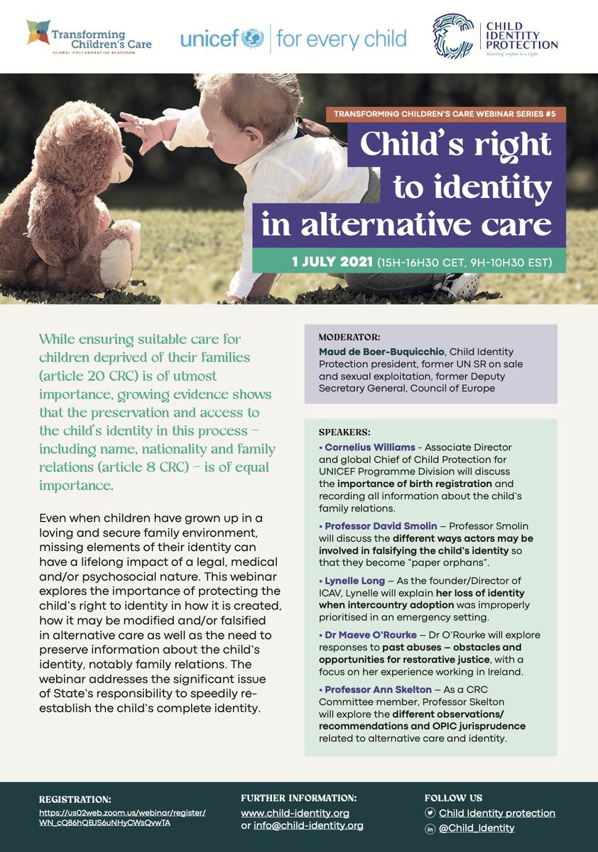Join us for Transforming Children's Care Webinar 4 🗓️1 July ⏰9am ET. Panelists will explore the importance of a child’s right to identity in alternative care and restorative practices for re-establishing identity. Register here  👉ow.ly/AGMk50EXSQz