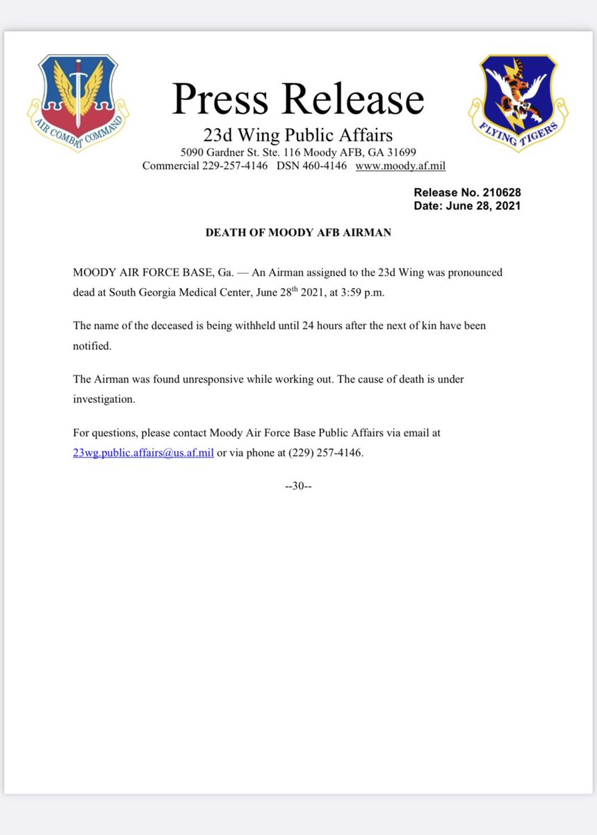 #JUSTIN An airman was found unresponsive while working out at Moody AFB. The cause of death is under investigation.