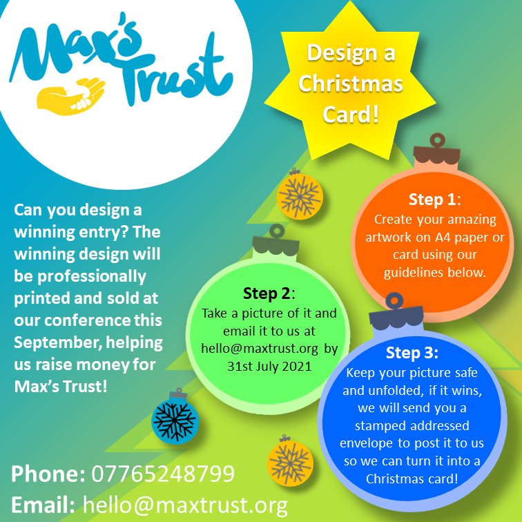 maxstrust's tweet photo. Calling all budding artists!! Would you like to design a Christmas card for Max's Trust? If so, then please read the pics below for details of our Christmas card competition. The winning design will be created and sold to raise much needed funds!
#maxtrust #inmemoryofmax https://t.co/oo5IKPvirc