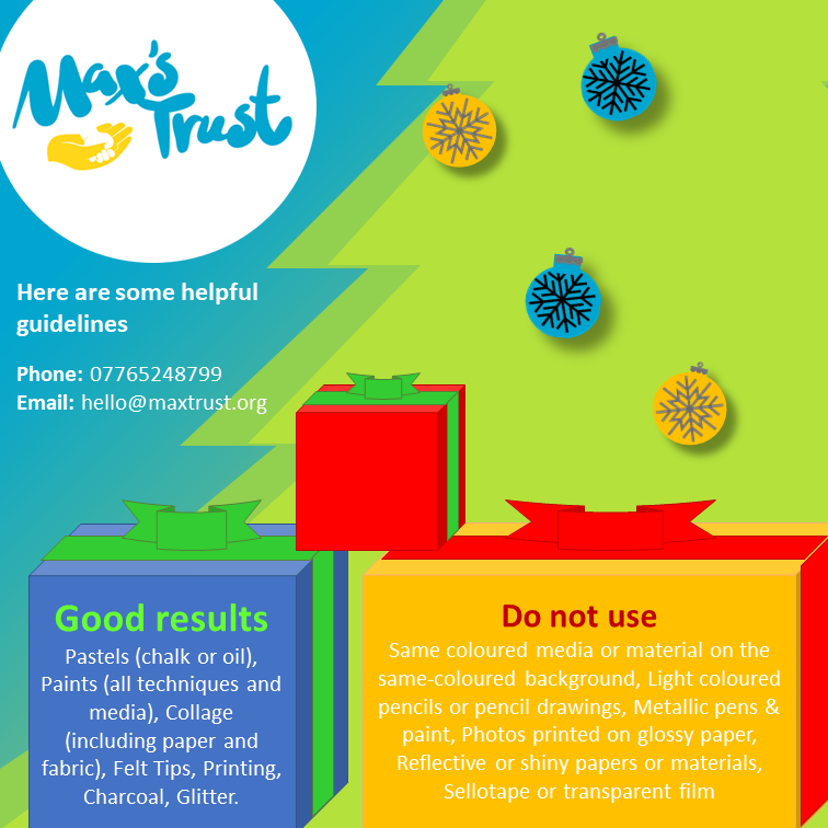 maxstrust's tweet photo. Calling all budding artists!! Would you like to design a Christmas card for Max's Trust? If so, then please read the pics below for details of our Christmas card competition. The winning design will be created and sold to raise much needed funds!
#maxtrust #inmemoryofmax https://t.co/oo5IKPvirc