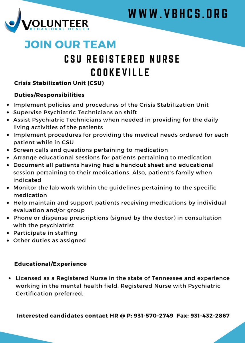 VbhVolunteer's tweet photo. Our Cookeville CSU is hiring RN'S &amp; LPN'S!!!😀 https://t.co/bKhuI3J8Qn