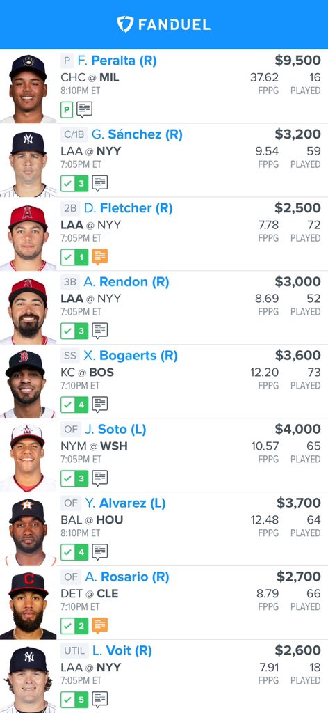 keyanalytics's tweet photo. Today's main slate MLB GPP lineup (6/28) #MLB #DFS #FD #FanDuel https://t.co/TfFaieuYva