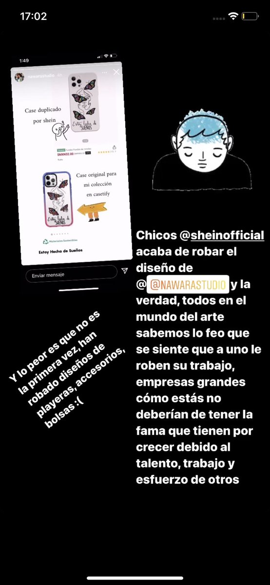 AMensos's tweet photo. Me acabo de enterar que la aplicación o marca de ropa “Shein”, ha robado este diseño de carcasa, y la chica en sus historias menciona que ella ha conocido otra artista a la que le fue copiado el diseño de 6 playeras. 
#nomásSHEIN #dejendeconsumir #SHEINfraude #shein https://t.co/NE54zDObcP