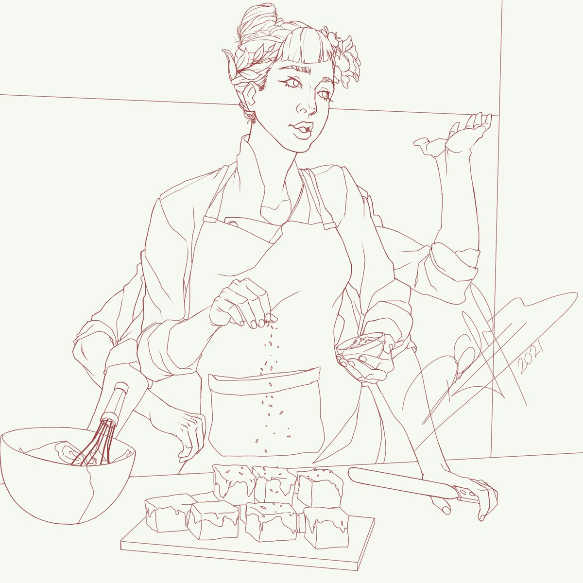 Siricar1's tweet photo. Sketch of Javiera, or as I call her "Javiwishtar" she who bakes and cooks as if she had six arms. Thank you for the cakes! https://t.co/GfRX9i9OR0