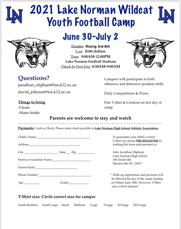 Lake Norman Football (@thelake_fb) on Twitter photo Still space available for youth campers. It’s a great time. Come compete and show off your skills. Contact <a href="/CoachOliphant32/">Jonathan Oliphant</a> <a href="/FB_CoachFitz/">Sean Fitzgerald</a> or <a href="/CoachJohnsonLN/">David Johnson</a> if you have questions or need to register. Looking forward to seeing you at #TheLake Still space available for youth campers. It’s a great time. Come compete and show off your skills. Contact <a href="/CoachOliphant32/">Jonathan Oliphant</a> <a href="/FB_CoachFitz/">Sean Fitzgerald</a> or <a href="/CoachJohnsonLN/">David Johnson</a> if you have questions or need to register. Looking forward to seeing you at #TheLake