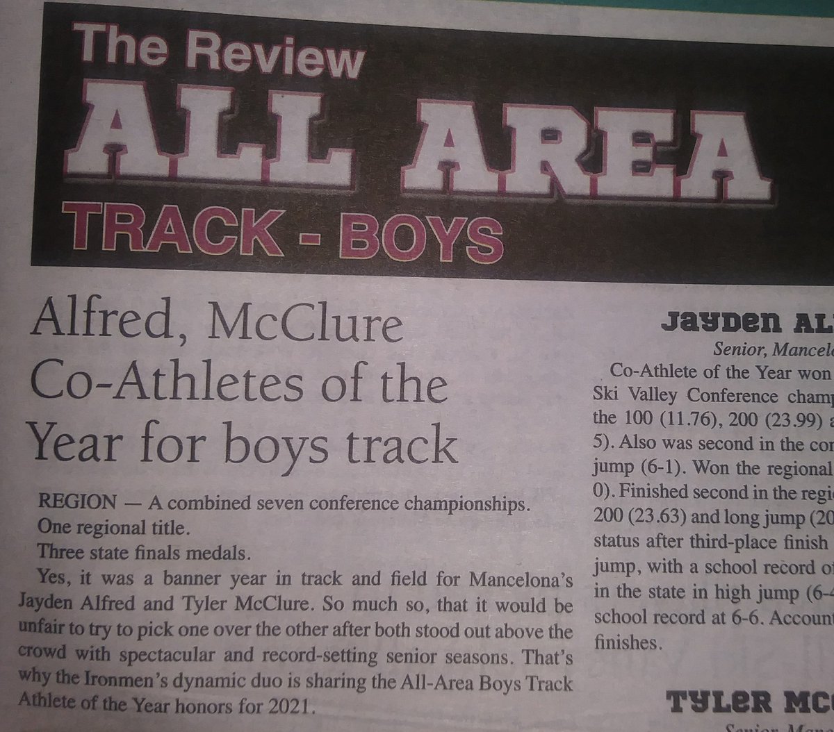M_Alfred76's tweet photo. Congrats to @jayden_alfred34 on being named Co Athlete of the Year in track by the Antrim Review. Also received honorable mention all conference in baseball this spring hitting .617 and averaging 2 k's/inning pitched. Crazy busy spring but it was a fun last high school season �� https://t.co/pbdVtQKNN8