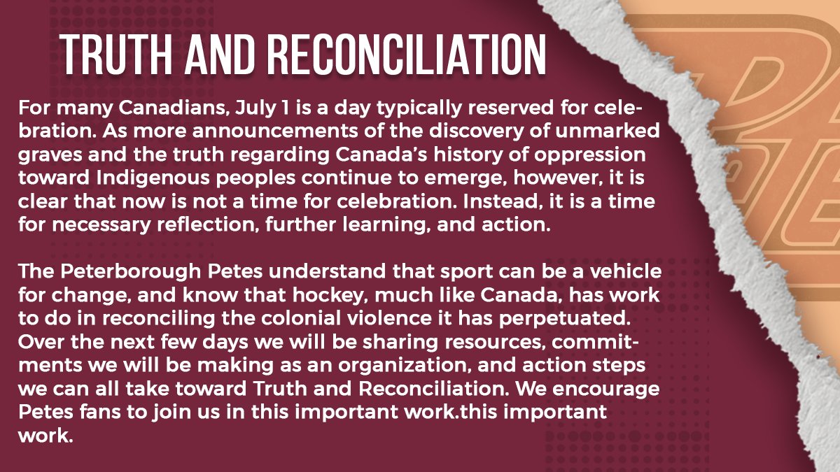 PetesOHLhockey's tweet image. Over the next few days, we'll be sharing resources and commitments that we'll be making as an organization, and action steps we can all take toward Truth and Reconciliation. 

We encourage Petes fans to join us in this important work.