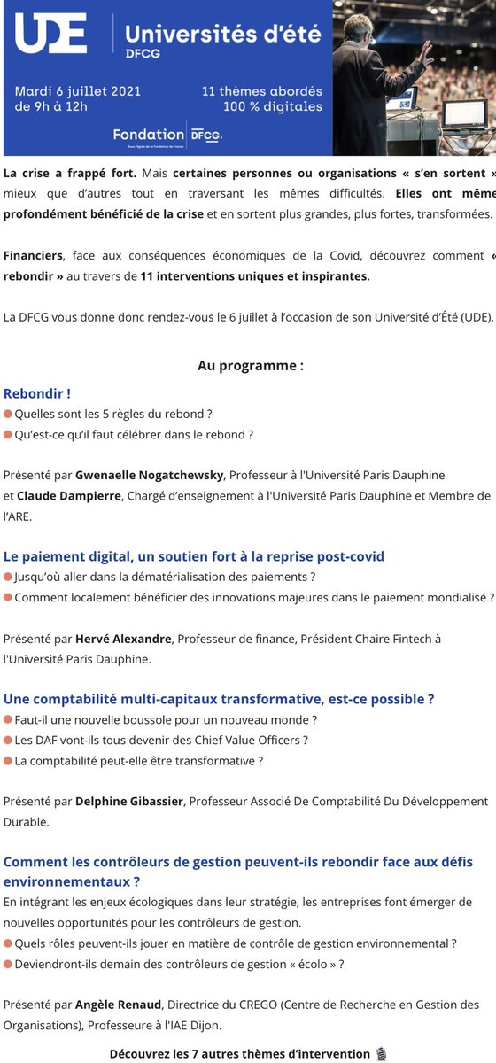 Événement national à ne pas manquer ! Les #universités d’#été de <a href="/dfcgasso/">DFCG</a> le 6 juillet prochain sur le thème « Rebondir » en présence de nombreuses personnalités et intervenants ! En partenariat avec <a href="/CSOEC/">CNOEC 🚀</a> et <a href="/eurazeo/">Eurazeo</a>