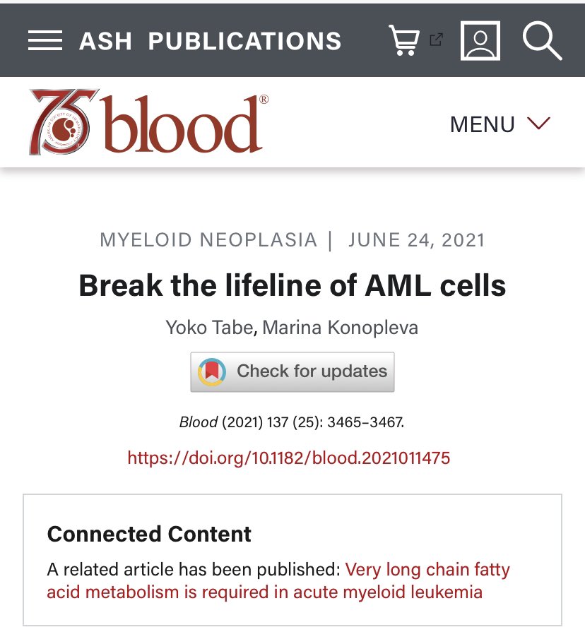 doctorpemm's tweet photo. Nice 2 papers just out ➡️Very long chain fatty acid metabolism is required in acute myeloid leukemia | Blood https://t.co/C61wq7Fm4e &amp; brilliant accompanying editorial by Dr Tabe &amp; Dr Konopleva https://t.co/P2YGupr7hu || #VLCAD #leusm @BloodJournal https://t.co/Qvd3A42SOK