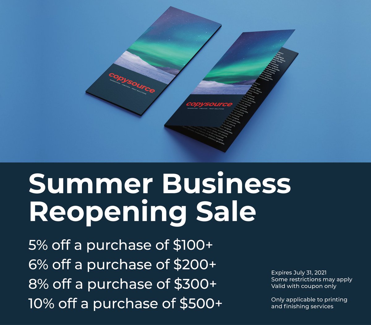 copysource's tweet image. Now through July 31st, we are launching our Summer Business Reopening Sale. Contact us today for a free quote on your next set of marketing or operational printing material!