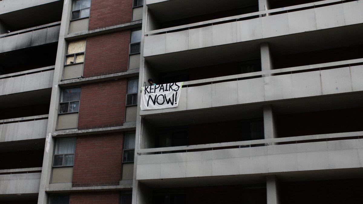 RebeccaTenants's tweet photo. This morning we held a small rally in front of the #RebeccaTowers to demand that @MedallionCorp address the massive backlog of repair requests in our building. Several tenants who weren't able to attend showed their support by hanging banners off their balconies. https://t.co/D5XK9NLHWo