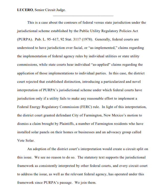 sara_gersen's tweet photo. Breaking: 10th Circuit rules federal courts have jurisdiction over challenge to City of Farmington's discriminatory electric rates for customers w/rooftop solar. Congress tried to stop this sort of abuse of monopoly power in 1978. Now our clients will have their day in court.⚖️ https://t.co/u4IVKNa2tv