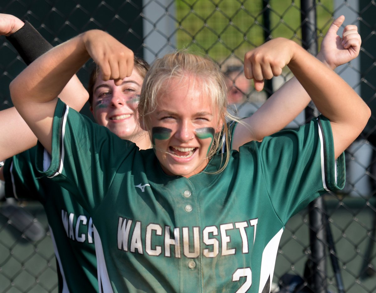 <a href="/WachusettAD/">Wachusett Athletics</a>'s Lauren Arvidson flexes her muscles after the #Mountaineers’ Lily Johnson drives in the go-ahead run, to defeat <a href="/WHSBombers/">Westfield Bombers</a>, 6-5, in a D1 softball semifinal, Monday, June 28, 2021. <a href="/MIAA033/">MIAA</a> <a href="/tgsports/">Worcester T&G Sports</a>