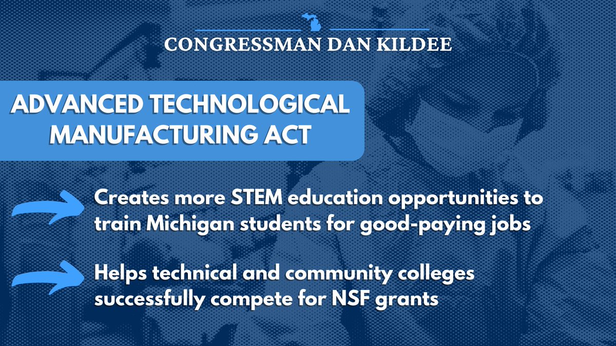 RepDanKildee's tweet image. I am pleased that the House is supporting #ScientificSolutions by passing my bipartisan bill w/@RepMeijer, the Advanced Technological Manufacturing Act.

This bill expands STEM education for Michigan students, preparing them for good-paying, in-demand jobs in the global economy.
