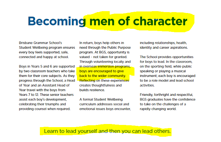 Brisbane Grammar got $3m in JobKeeper. Yet its fee revenue rose. Its headmaster got a pay rise (to $539k). It has $177m in assets. Its $70m STEAM Precinct is due to open in 2023.

The school says "men of character" should "give back to the wider community". I couldn't agree more.