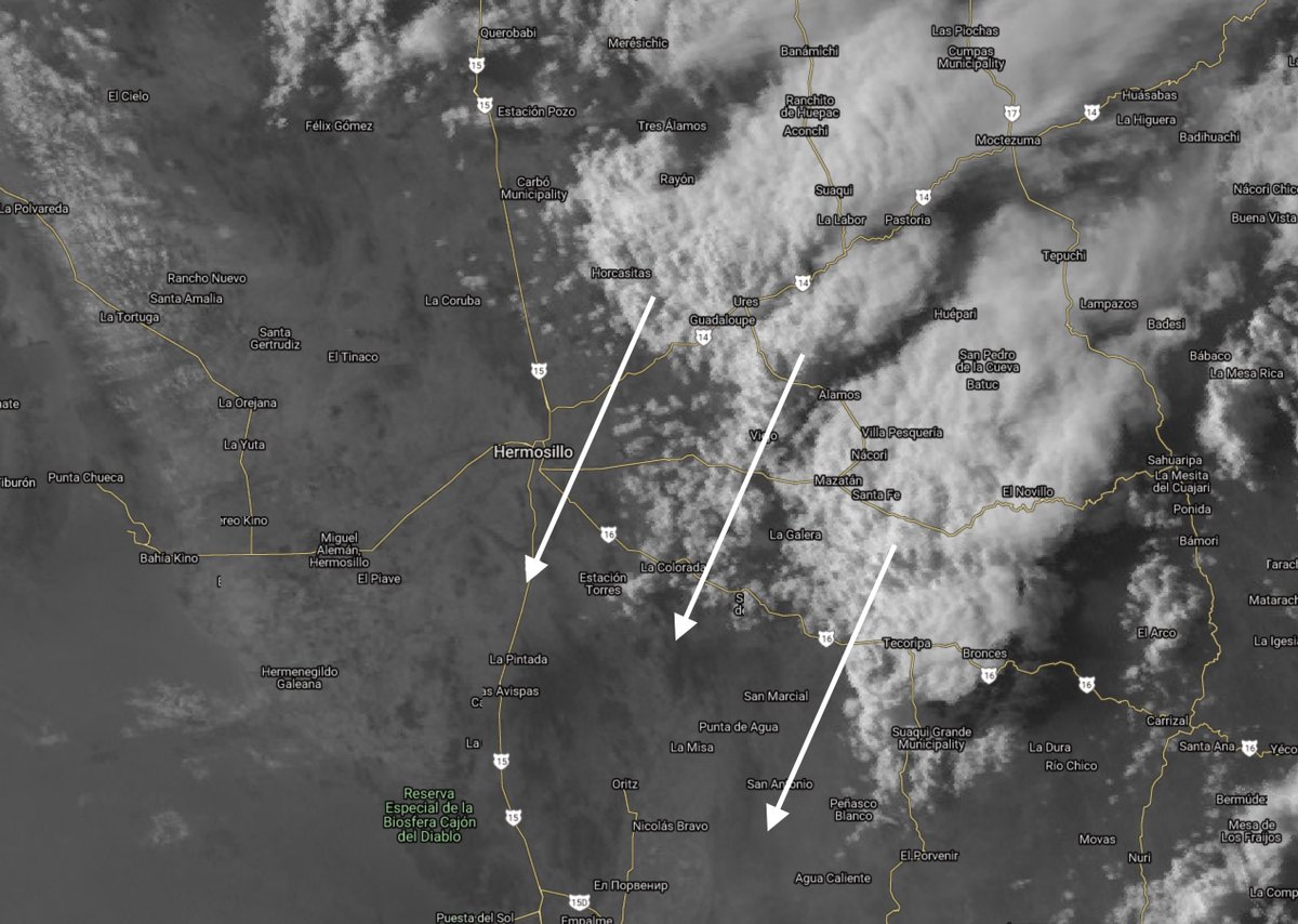 climahillo's tweet photo. Una agrupación de tormentas aisladas viene avanzando desde el noreste, el frente de tormenta se localiza a unos 51 km de Hermosillo. Los modelos indican que esta actividad se disiparía al llegar, sin embargo pudiéramos tener algunos vientos y algunas gotas cerca de las 7 pm. https://t.co/Uq0A765MVh