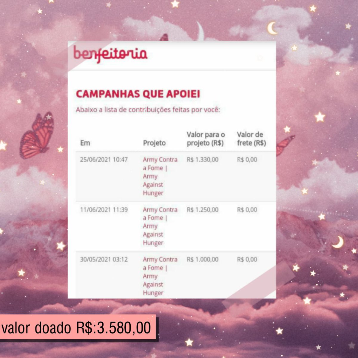 FundPurpleDream's tweet image. Doamos R$3580,00 para a campanha Army Contra Fome! Todos todo o valor será convertido para o financiamento básico de cestas básicas.
Obrigada a todos que confiaram na Purple Dream 🐋
#BTSARMY
#BasicaToSave | @BTS_twt