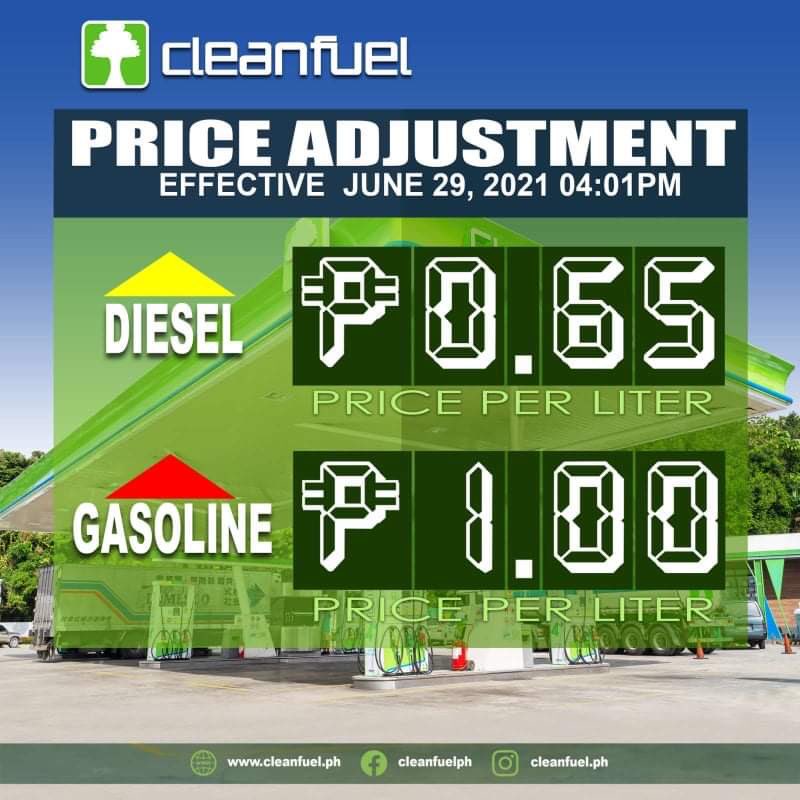 #CleanfuelPH will implement price adjustment, effective this afternoon, Tuesday, June 29, 2021 at 4:01pm. 

⬆️ Diesel + 0.65/L (Increase)
⬆️ Gasoline + 1.00/L (Increase) 

Stay safe and healthy!