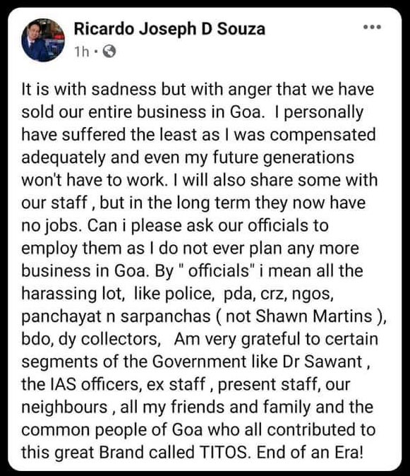 AkshayMunot_'s tweet photo. End of an Era. 

Tito's no more! 

Sad to see Goa’s own brand is fading away 

#Titos #Goa #TitosGoa https://t.co/13p6GIKuRr