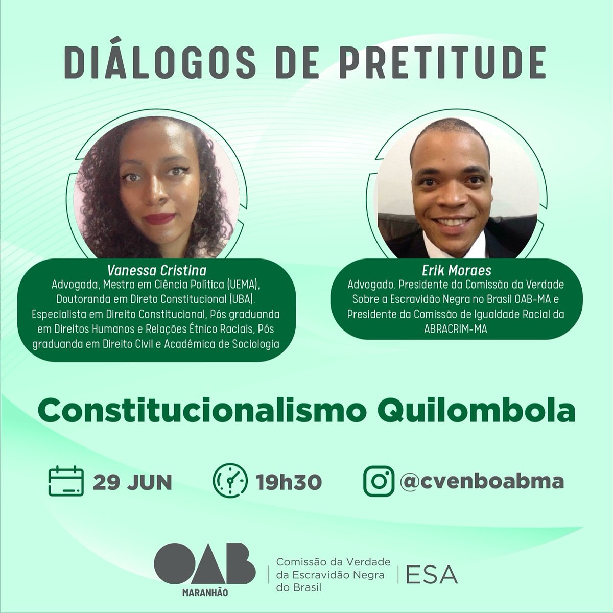 cvenboabma's tweet photo. Nesta terça-feira (29) tem live “Diálogos da Pretitude” aqui no Instagram da Comissão da Verdade da Escravidão Negra no Brasil (@cvenboabma).

O tema do bate-papo será “Constitucionalismo Quilombola”. A convidada para a conversa com o presidente @erik6moraes é a advogada Vanessa https://t.co/aX1CmOQraF
