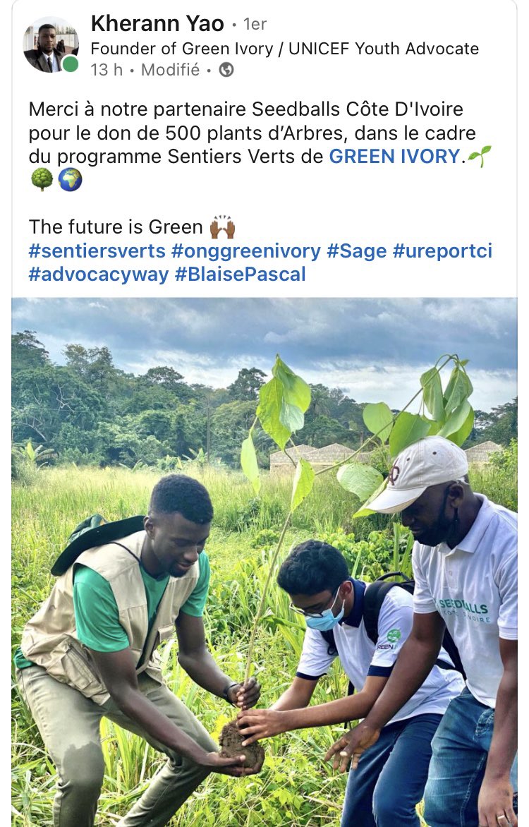 Nous sommes heureux de voir des jeunes engagés pour l’environnement. Notre rôle est de les accompagner. Bravo <a href="/GreenIvory1/">ONG Green Ivory</a>