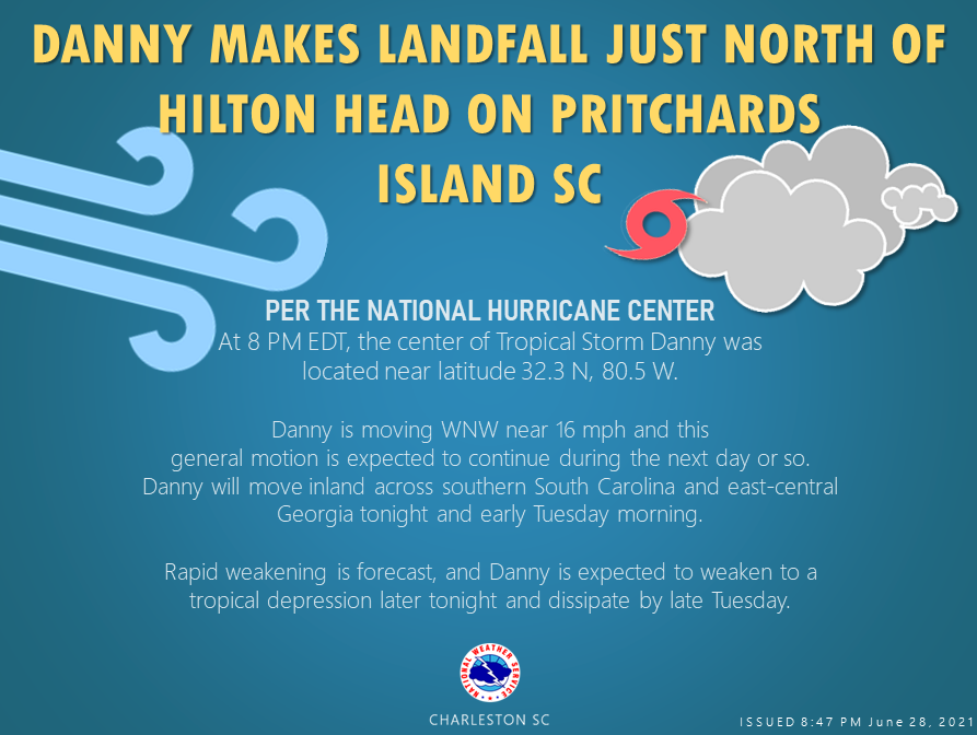 NWSCharlestonSC's tweet photo. Tropical Storm Danny 🌀 has made landfall just north of Hilton Head, SC. Take a look at the details from the 8PM update from @NHC_Atlantic 
https://t.co/UZCaXu0vo5

#chswx #scwx #savwx #gawx https://t.co/M9tYv7psKd