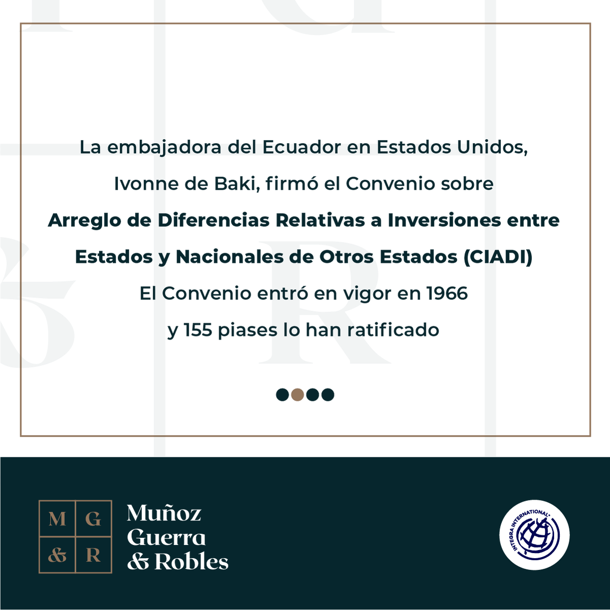 MGR_Ecuador's tweet photo. Nuevo #MGRTip Ecuador se une al Convenio sobre Arreglo de Diferencias Relativas a Inversiones (CIADI). Para más información visita nuestra página https://t.co/ic1OwD3yuR #CIADI #MGRecuador #ecuador #usa https://t.co/P0nWrMMHNZ