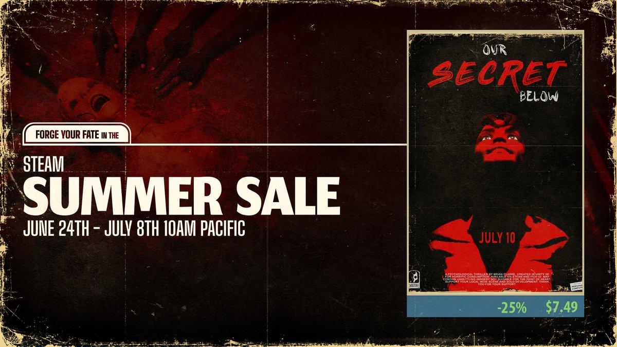 DSDigitalDev's tweet image. My story-driven escape room thriller Our Secret Below is on sale for just $7.49 during the #SteamSummerSale along with my other games!

🔗 store.steampowered.com/app/1061920/

#indiedev #gamedev #escaperoom #horror #IndieGameDev
