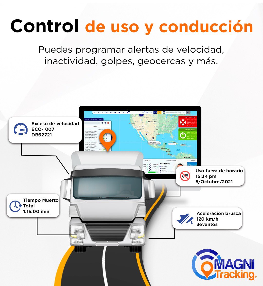MagniTracking's tweet photo. Mejor rendimiento de unidad y conducción con #MagniTRACKING. 📈🚛⛽️ 

Mantener alertas y personalización de eventos críticos ayudarán a reducir costos, tales como el combustible, desgaste de unidad  y tendencia de accidente por manejo brusco. https://t.co/aIuiED72HT