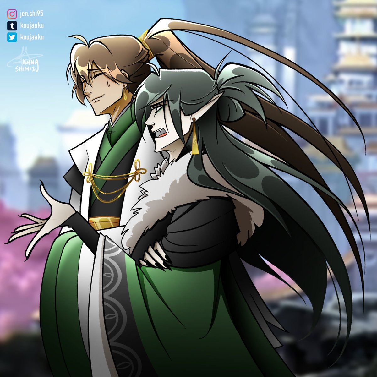 koujaaku's tweet photo. Qi Rong fully recovers and Guzi grows up big and strong and ascends to godhood! Qi Rong often visits the heavens to complain about everything and everyone he sees, but it’s really just a thinly-veiled excuse to check up on his son. 💚 #tgcf #qirong #guzi https://t.co/stkR820ozj