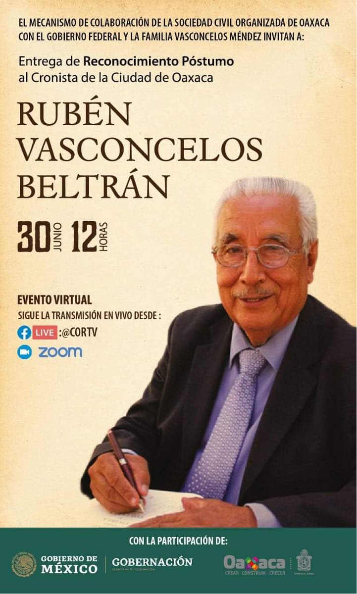 Mony_Alarcon's tweet photo. Propongo el 30 de junio el día del cronista Oaxaqueño Rubén Vasconcelos Beltrán . 
#sumatealacausa #CronistaOaxaqueño  #sumatealapropuesta https://t.co/8RmfV8x7TU