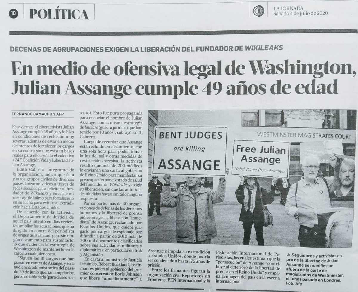 Just like one year ago... <a href="/LaJornada/">La Jornada Impresa</a> supporting #Assange
Celebrating #HappyBirthdayAssange #AssangeWeek