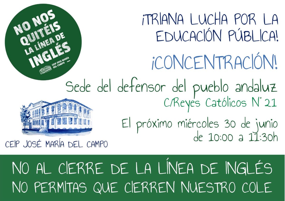 Mañana ante el defensor del pueblo haremos entrega de nuestras reivindicaciones, os esperamos, ven con tu camiseta verde #NoNosQuiteisLaLineaDeIngles #JoseMariaDelCampoNoSeCierra no pararemos <a href="/EducaAnd/">Consejería Desarrollo Educativo y FP</a> <a href="/JuanMa_Moreno/">Juanma Moreno</a> @javierimbroda <a href="/CEIPJMdelcampo/">CEIP José María del Campo</a> <a href="/fampasevilla/">Fampa Sevilla. “Nueva Escuela”</a> #bajadlasratios