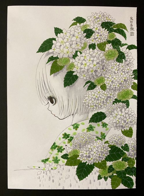 今週の江口先生の落書きはこちら！白い紫陽花と二子が溶け合うような一枚。そしてよ～く見ると……。#鬼灯の冷徹　#座敷童子 