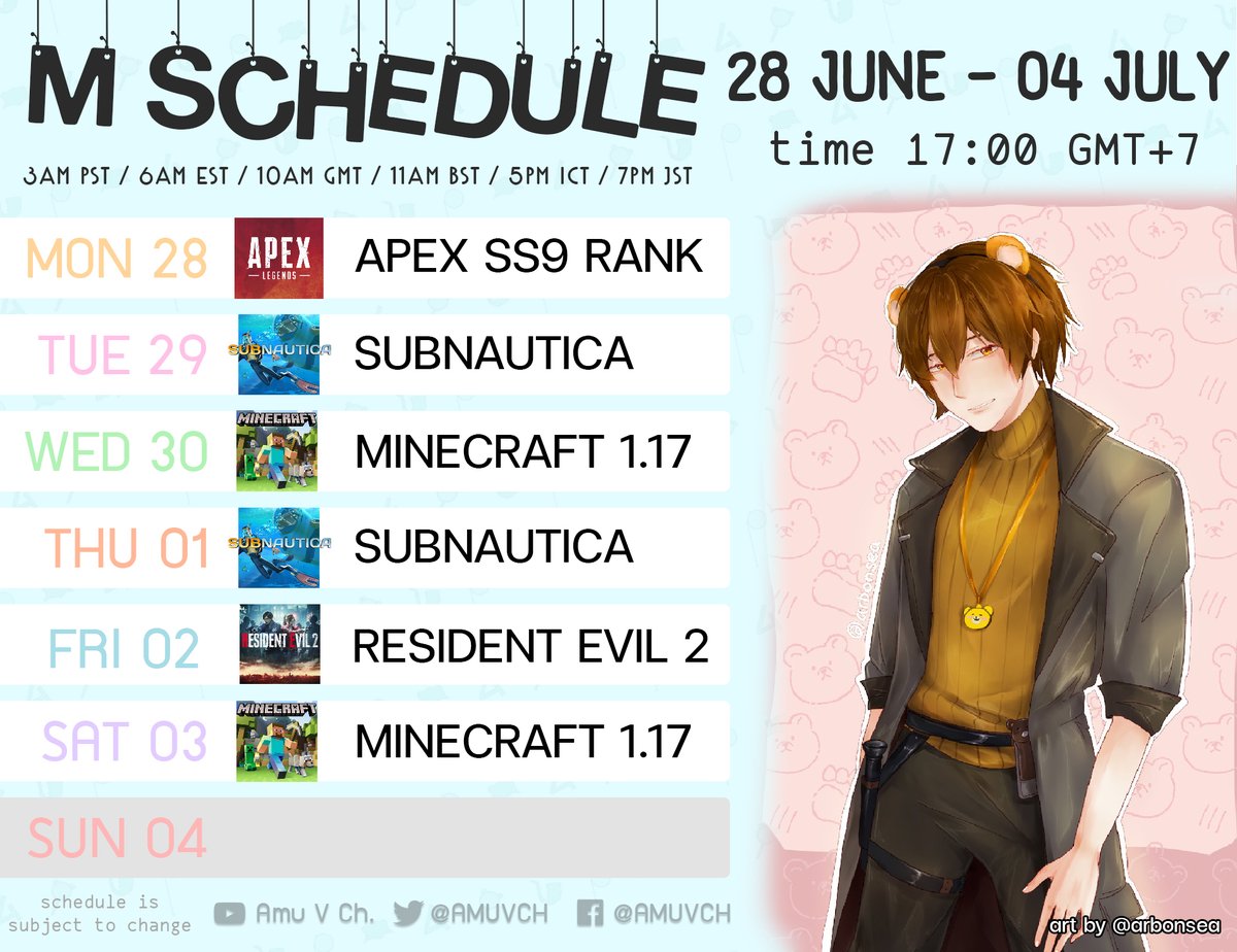 AmuVCh's tweet photo. ✦ Weekly Schedule ✦
28 June - 04 July | 17:00 GMT+7

[Hashtags]
General: #AmuVCH | Live Stream: #AmuTime
Art Tag: #ARTAMU | Meme: #MMMEEE
Fan Name: #MSuki | Info/Data: #MCase

The schedule is subject to change
กำหนดการอาจมีการเปลี่ยนแปลง

#VTuber #VTuberTH #MSchedule https://t.co/bW9Jny7P1u