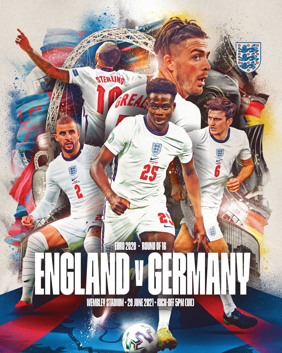 England's tweet image. Matchdays don’t get much bigger.

🆚 Germany
🏟 @wembleystadium
🏆 #EURO2020 Round of 16
🕔 5pm
📺 @BBCOne